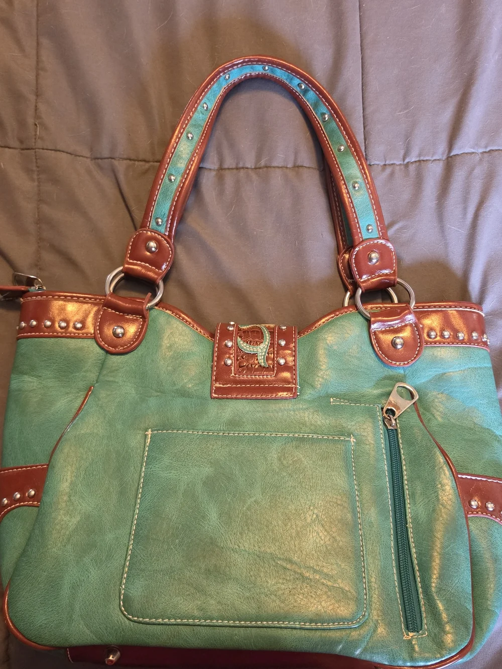Cowgirl Trendy Turquoise and Brown Embroidered Shoulder Bag with Stud Accents